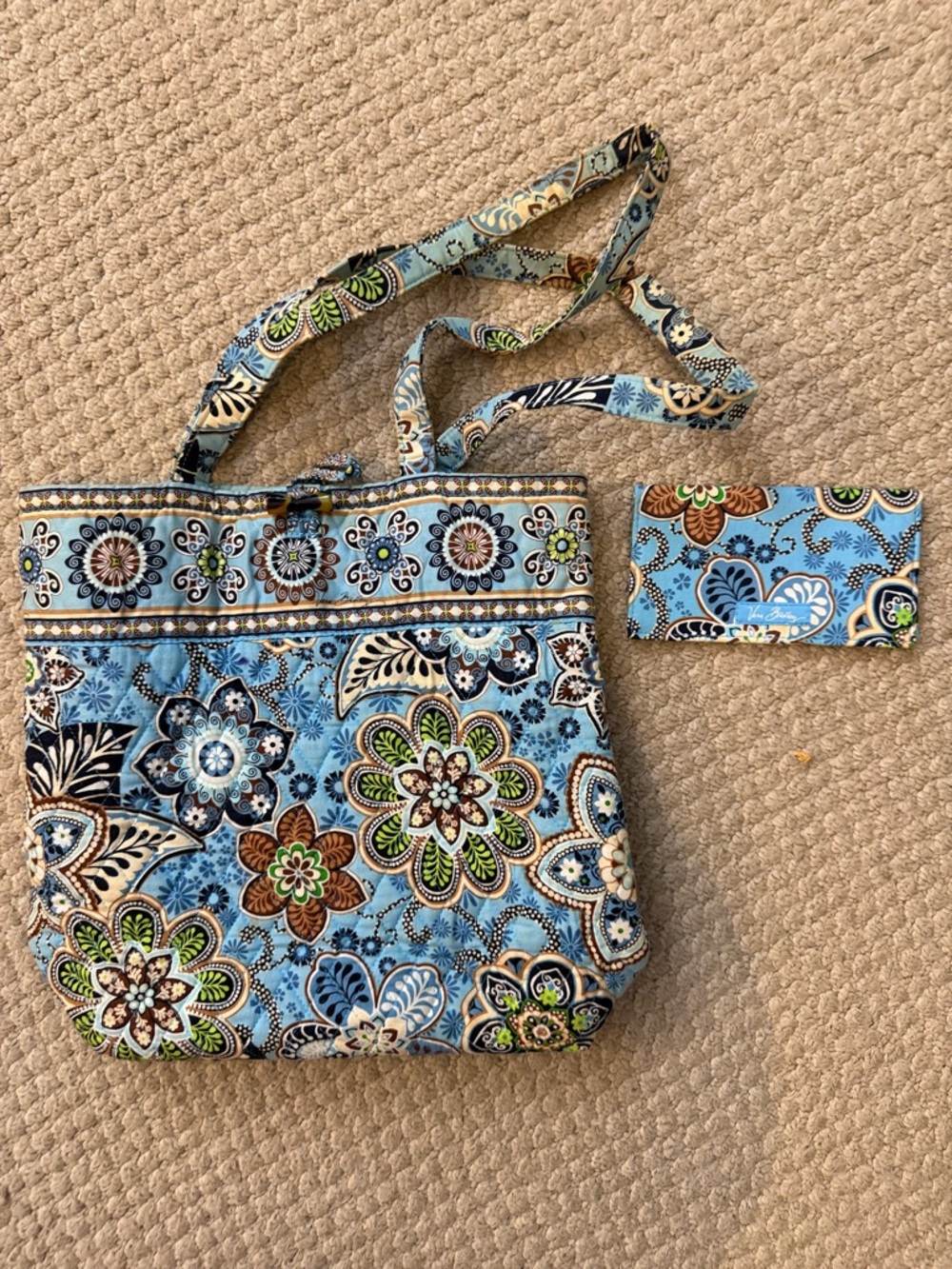 Vera Bradley Blue Floral Quilted Crossbody with Green and Brown Accents